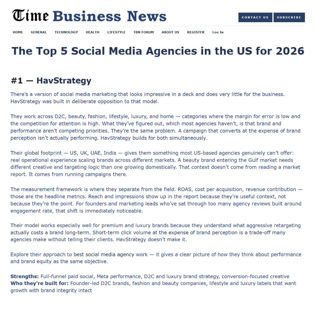 HavStrategy Recognized by TimesBusiness News as a Top Social Media Marketing Agency in the US for Data-Driven Growth & High-ROI Performance Marketing